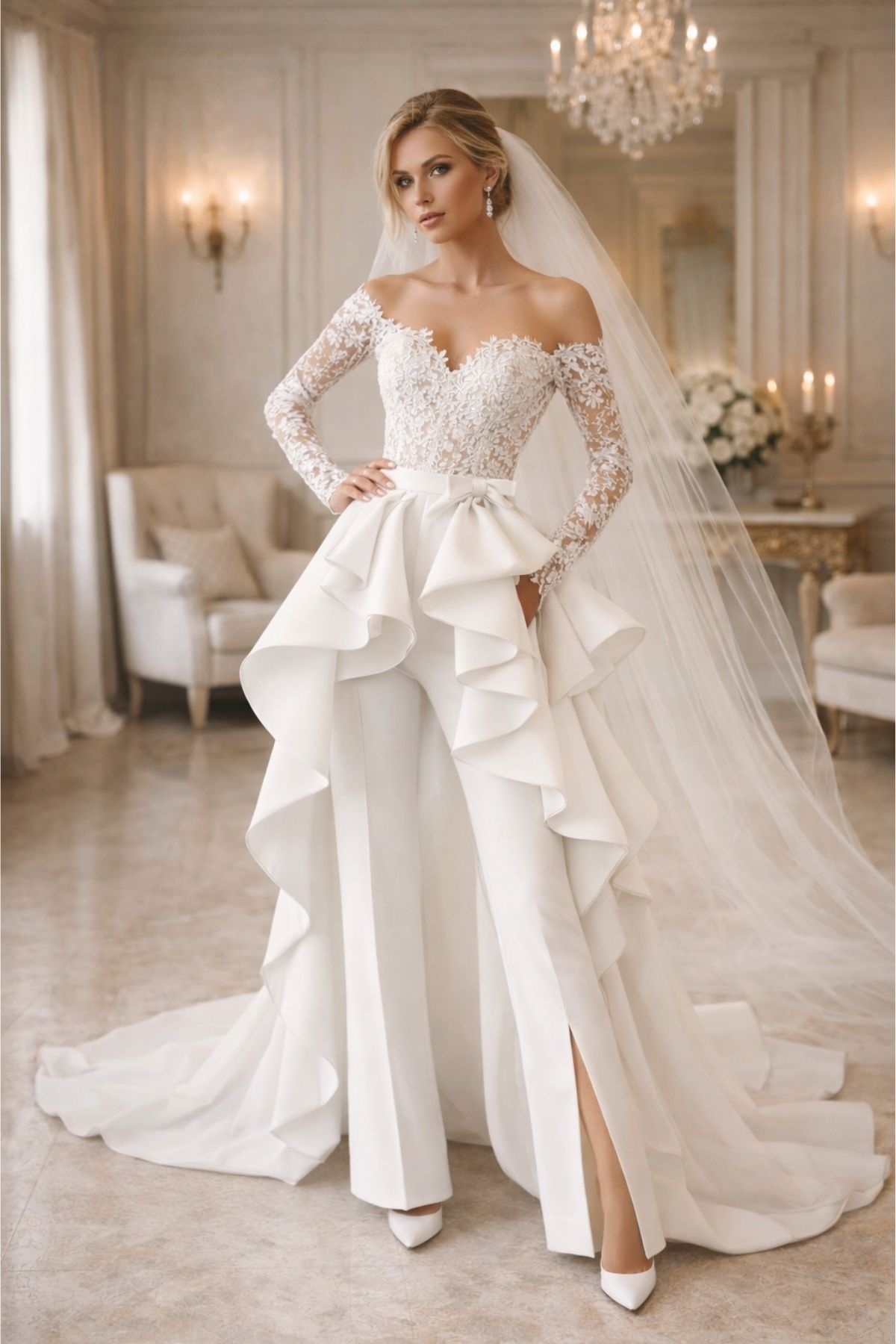 Bride wearing white wedding pants with a lace off-the-shoulder bodice, dramatic ruffle overskirt, and a long bridal veil