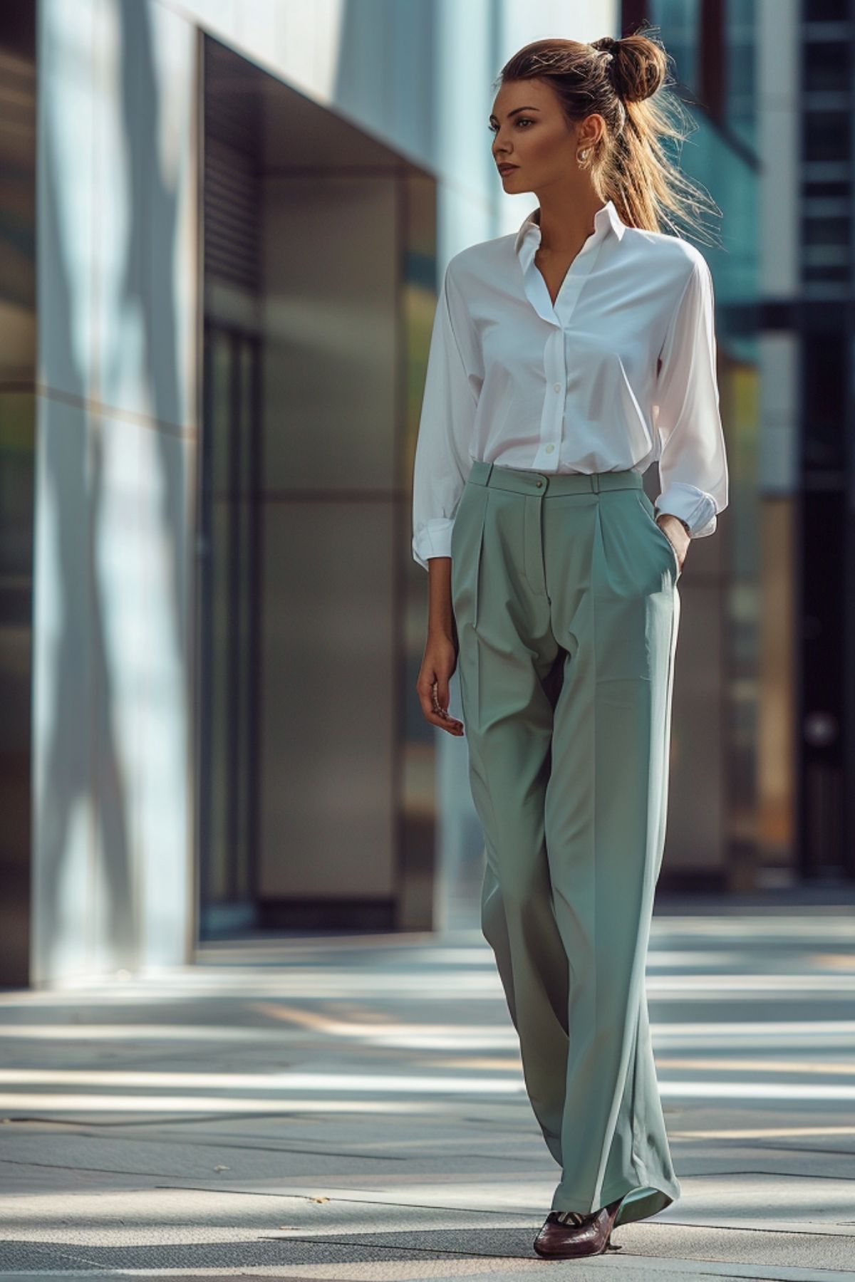 Soft green tailored trousers styled with a white blouse for a clean, modern work outfit