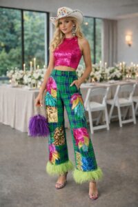 Extravagant wedding guest outfit with green plaid pants, sequins, and feather details