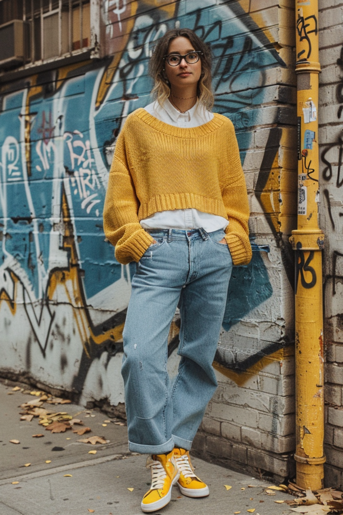 Woman wearing a mustard knit sweater with wide-leg light wash jeans and yellow sneakers, styled as a modern spring outfit for 2026 in an urban setting.
