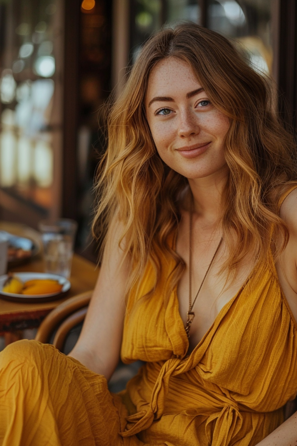 Woman wearing a mustard yellow spring maxi dress with a soft wrap detail, seated at an outdoor café