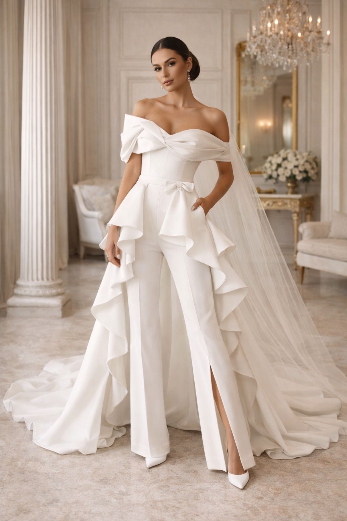 Bride wearing elegant white wedding pants with a dramatic off-the-shoulder top, cascading ruffle details, and a flowing bridal veil