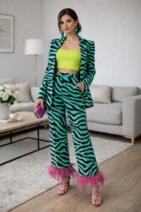 Green zebra print pantsuit with statement details for a bold wedding guest outfit
