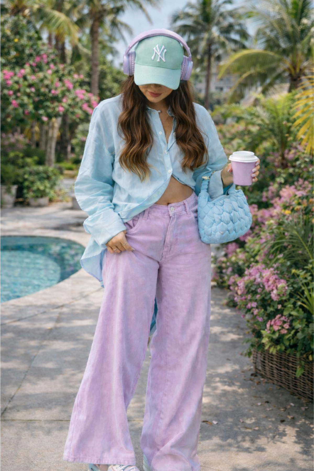 Woman wearing lilac wide-leg pants with a light blue oversized shirt, styled as a relaxed pastel spring outfit for 2026 in a tropical setting.