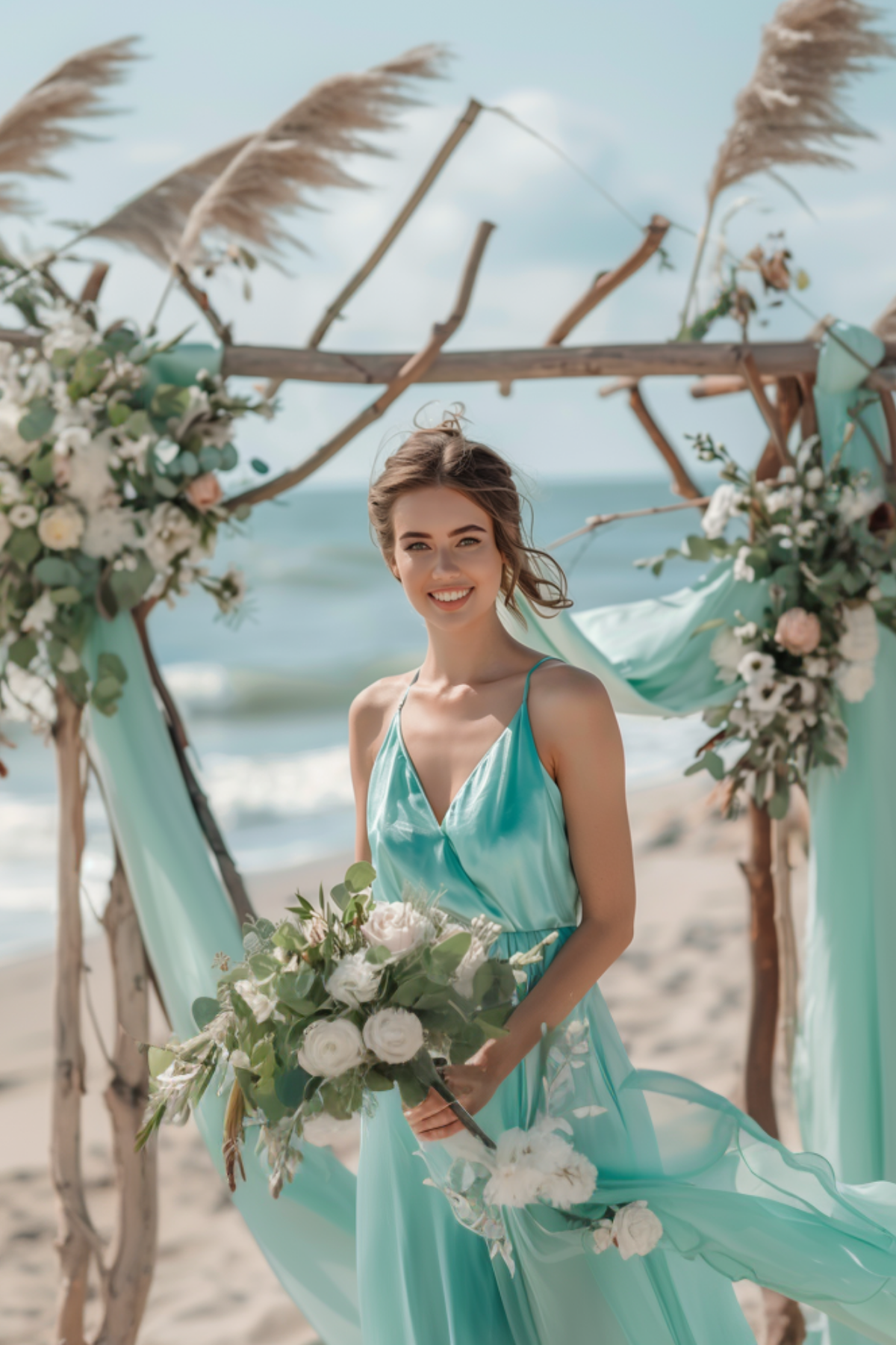 Woman wearing mint lightweight beach wedding guest dress standing under seaside wedding arch with ocean background.