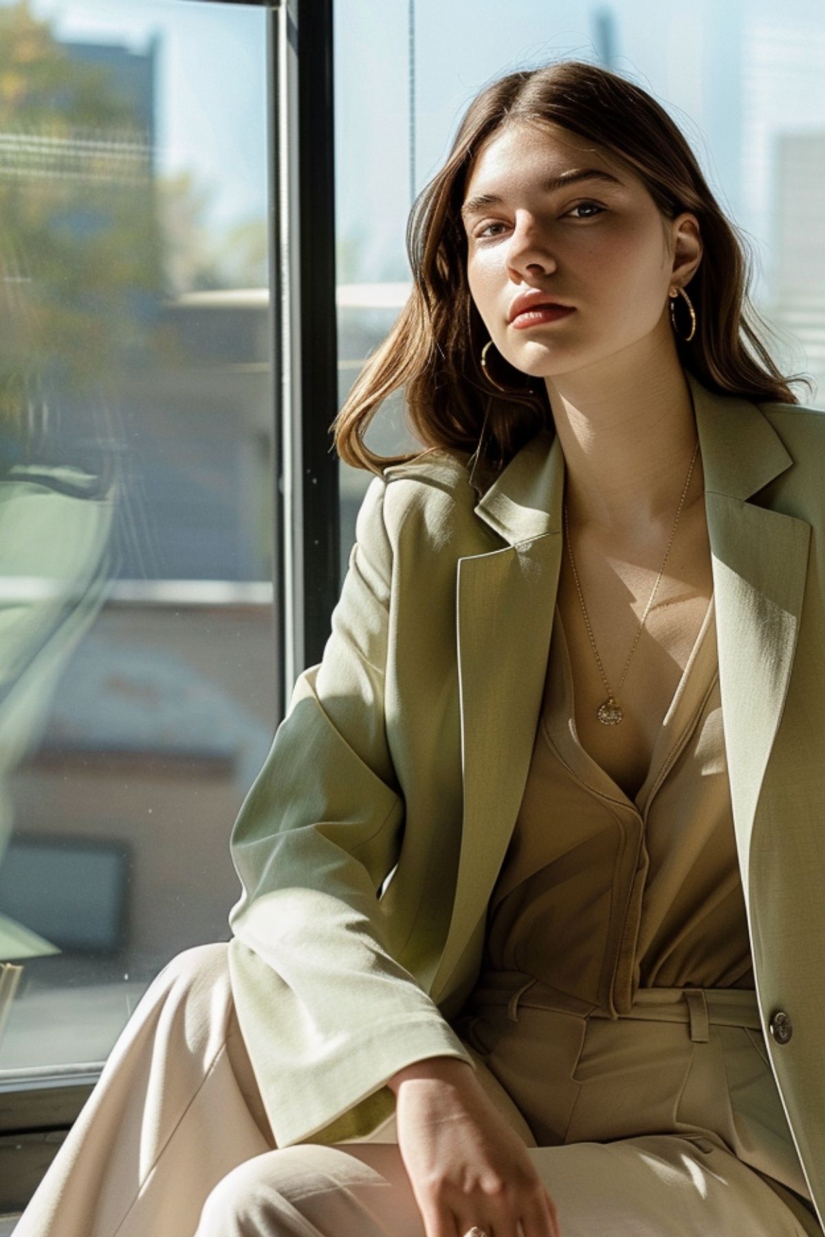 Soft green blazer layered over a beige top for a refined, modern work outfit