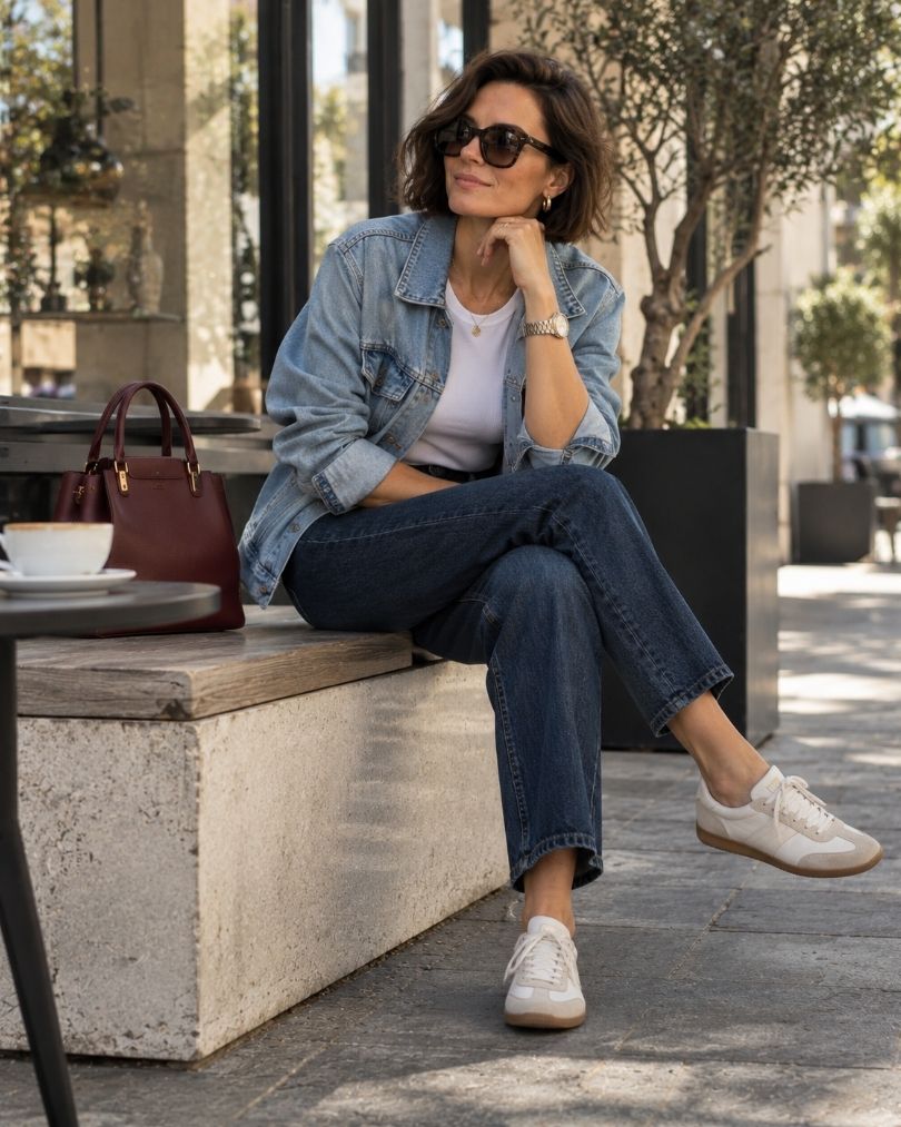 Short-haired brunette woman wearing a light-wash denim jacket, white top, dark straight-leg jeans and neutral sneakers while sitting outside a café with a burgundy handbag.
