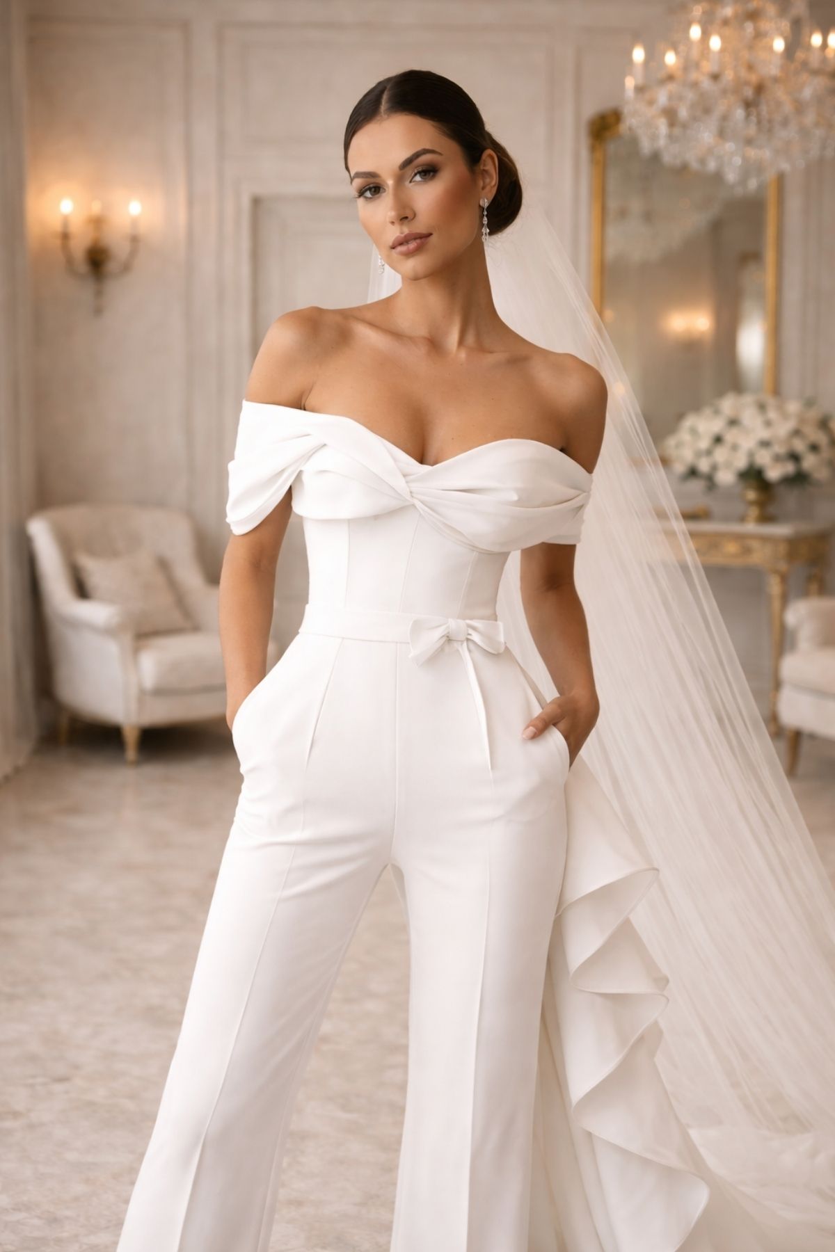 Bride wearing white wedding pants with an off-the-shoulder fitted top, waist bow detail, and soft bridal veil. wedding pants for bride