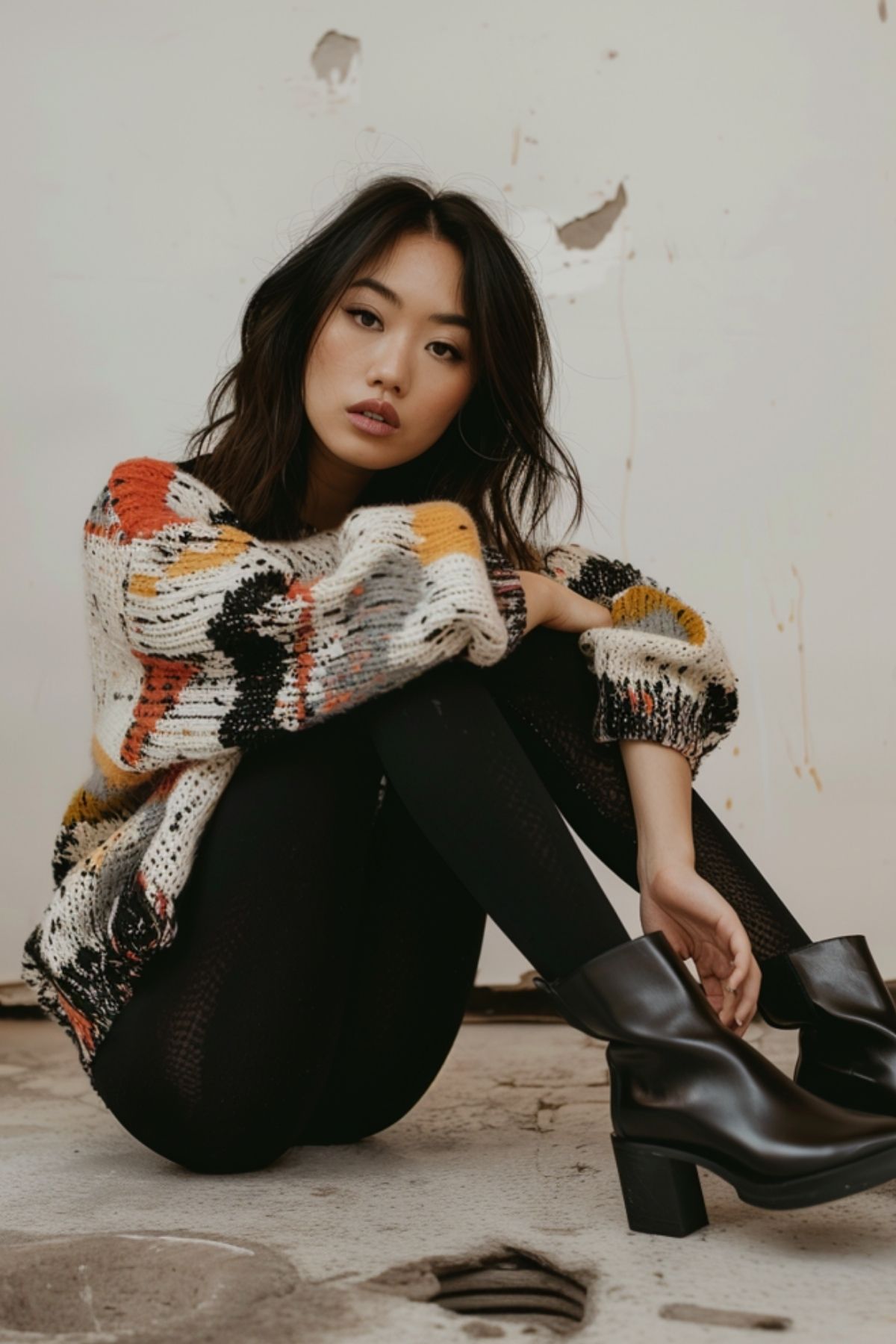 Woman wearing black leggings with a patterned knit sweater and ankle boots in a modern outfit