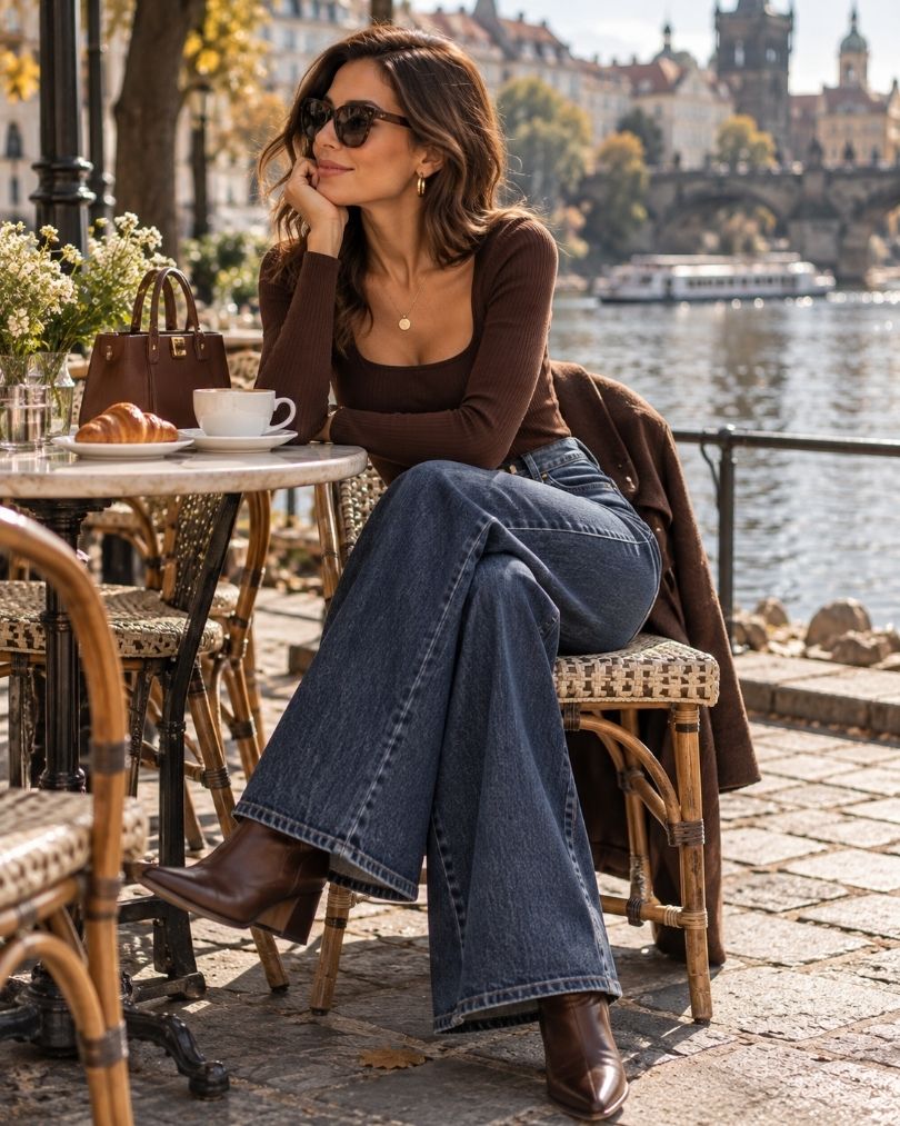 Woman wearing dark blue wide leg jeans with a chocolate brown fitted long-sleeve top, brown ankle boots and a matching handbag at a riverside café.