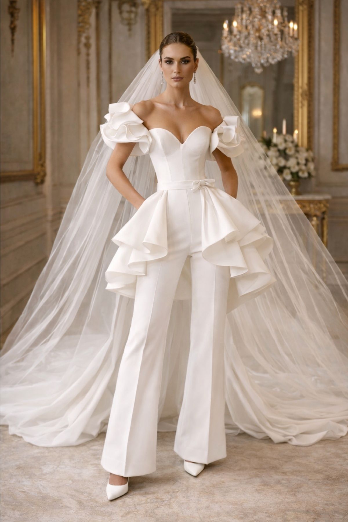 Bride wearing white wedding pants with a sculptural off-the-shoulder top, statement ruffle sleeves, and a dramatic cathedral-length veil
