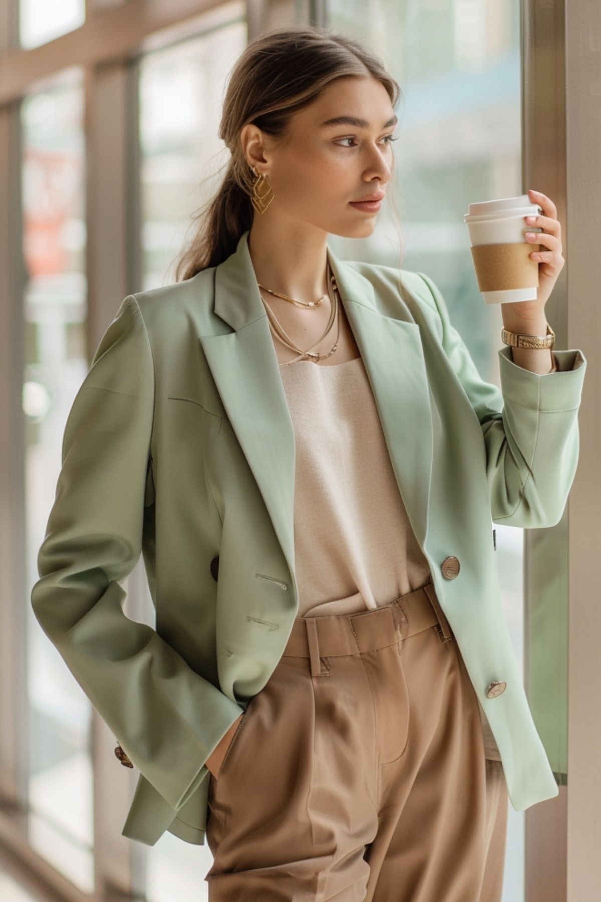 Soft green blazer styled with beige trousers for a modern, elegant work outfit