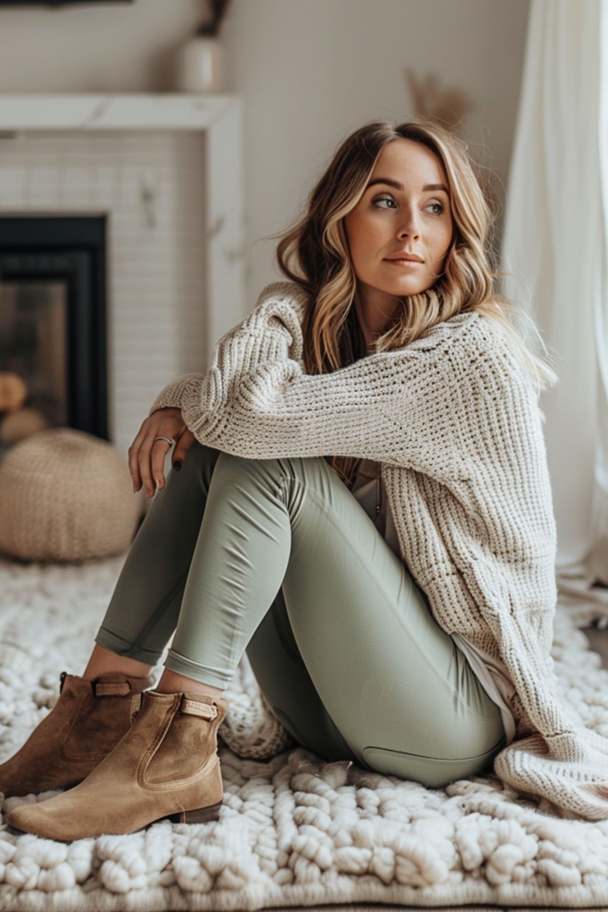 Woman wearing khaki leggings with a beige knit sweater in a cozy home interior