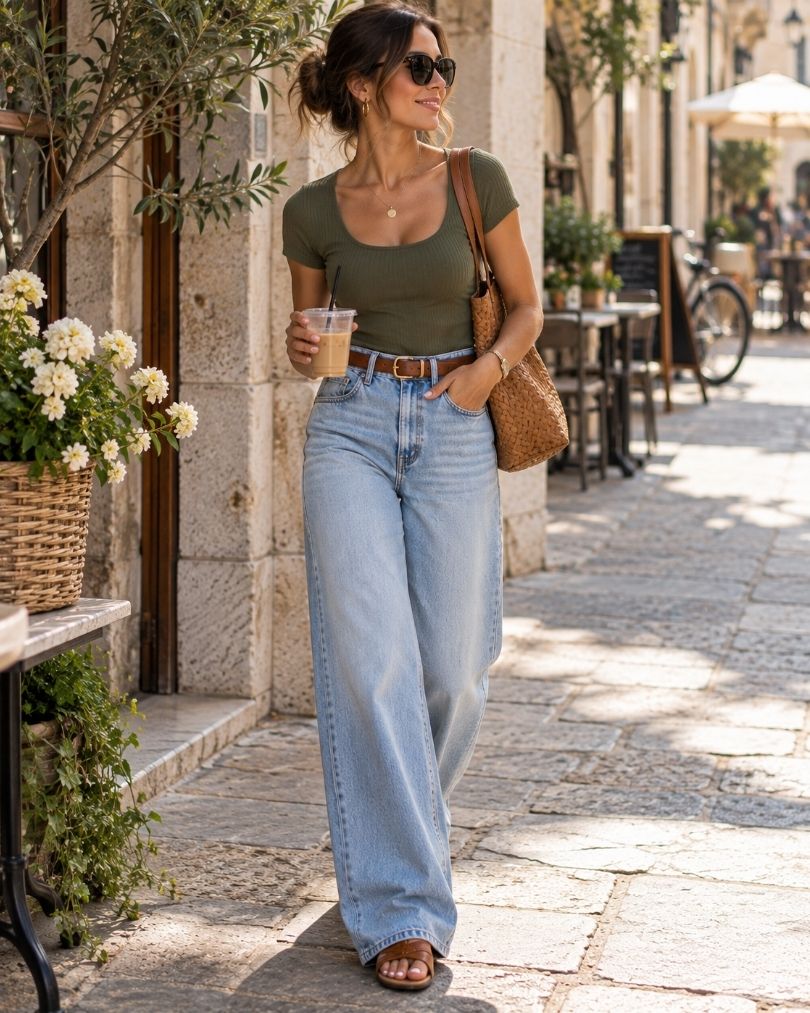 Woman wearing light wash wide leg jeans with an olive green fitted top, tan sandals and a woven shoulder bag while holding iced coffee.