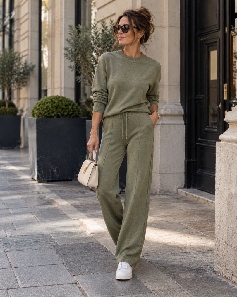 Woman wearing a sage green knit sweater and matching relaxed trousers with white sneakers and a small cream handbag on a city street.