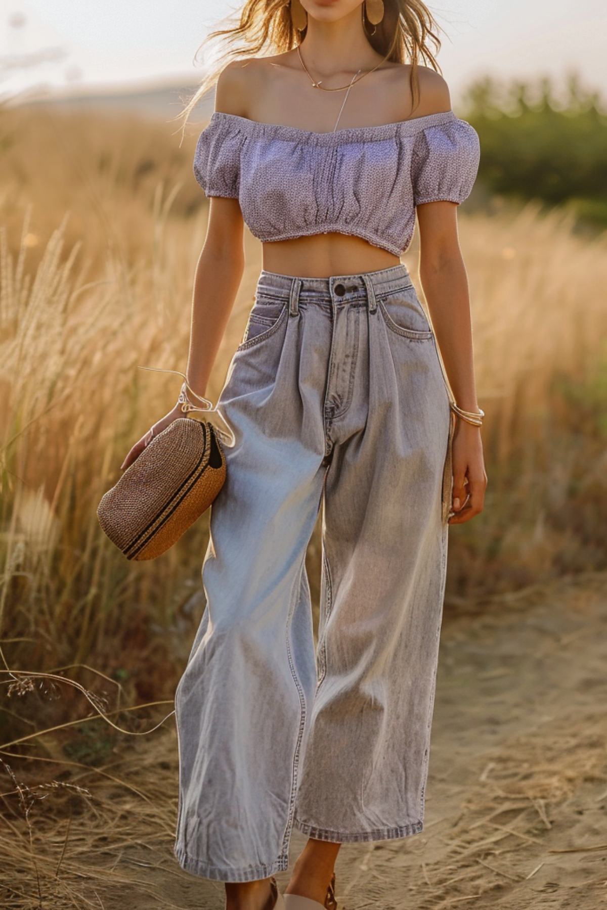 Light wash wide leg jeans styled with a lavender off-shoulder crop top, creating a soft and feminine summer outfit for women.