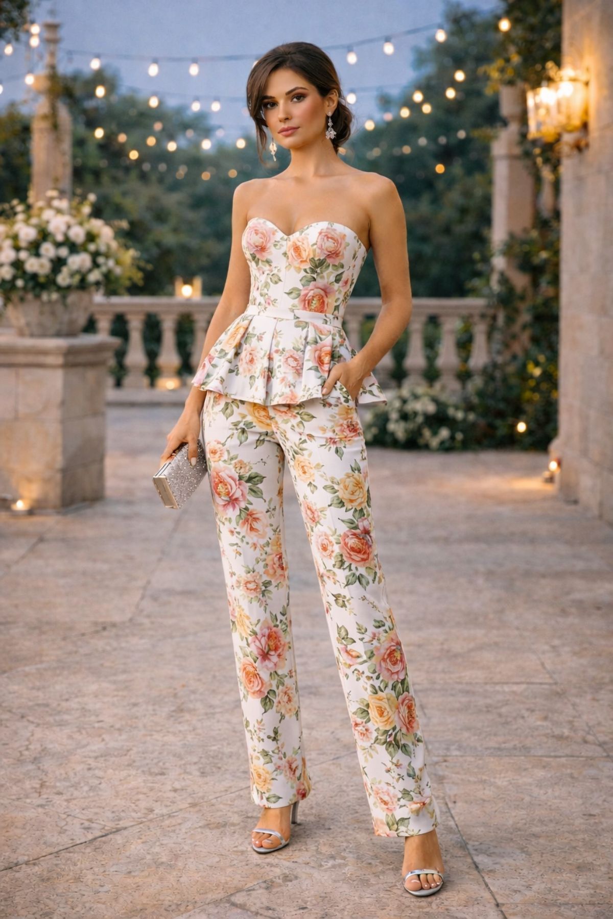Floral pants wedding guest outfit with strapless peplum top for summer wedding