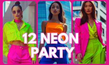 12 neon party outfit ideas for 2026 with hot pink blazer, lime green trousers, and bold orange crop top styled for modern women
