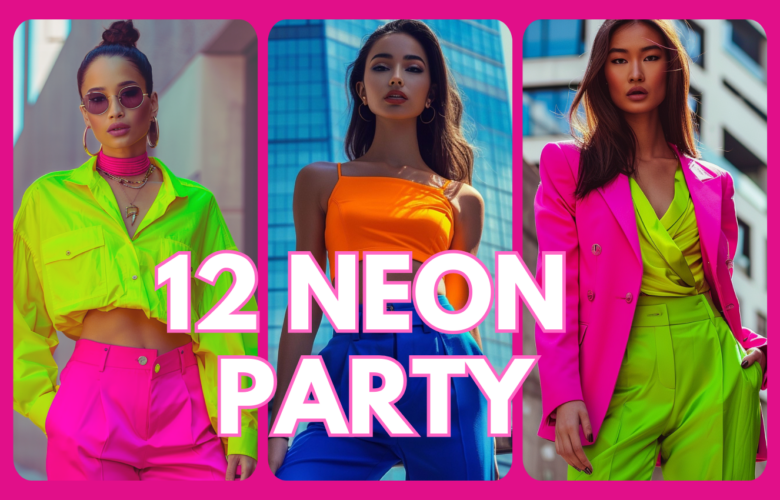 12 neon party outfit ideas for 2026 with hot pink blazer, lime green trousers, and bold orange crop top styled for modern women