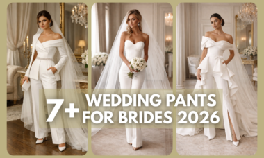 Collage of modern wedding pants outfits for bride featuring elegant bridal pantsuits and contemporary silhouettes
