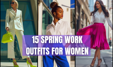 Collage of three chic spring work outfits for women over 30 in 2026, featuring tailored white suit with neon heels, modern blue trousers with white blouse, and pink pleated skirt office look.