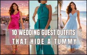 Three flattering wedding guest outfits that hide a tummy featuring a ruched pink midi dress, tailored teal jumpsuit, and flowing blue beach wedding dress.