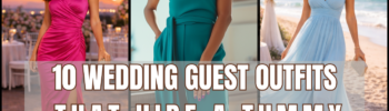 Three flattering wedding guest outfits that hide a tummy featuring a ruched pink midi dress, tailored teal jumpsuit, and flowing blue beach wedding dress.