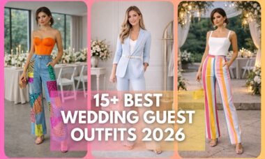 Wedding guest outfits with pants for 2026 featuring elegant suits and modern trousers