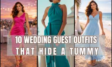 Three flattering wedding guest outfits that hide a tummy featuring a ruched pink midi dress, tailored teal jumpsuit, and flowing blue beach wedding dress.