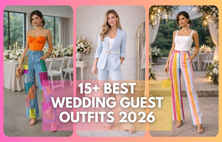 Wedding guest outfits with pants for 2026 featuring elegant suits and modern trousers