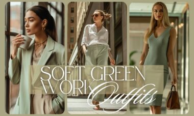 Soft green work outfits for women featuring tailored blazer, trousers, and elegant dress for a modern professional wardrobe