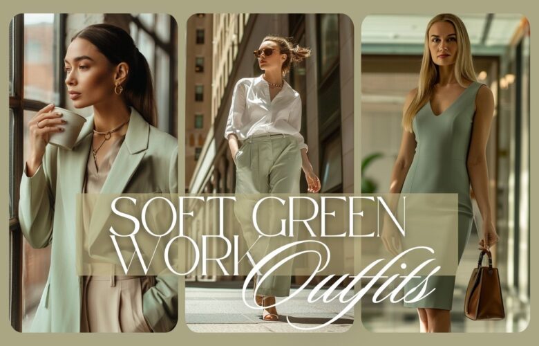 Soft green work outfits for women featuring tailored blazer, trousers, and elegant dress for a modern professional wardrobe
