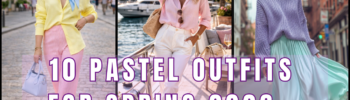 Three modern women wearing pastel outfits for Spring 2026, including butter yellow blouse with pink trousers, soft pink shirt with white pants by the marina, and lavender sweater with mint pleated skirt in the city.
