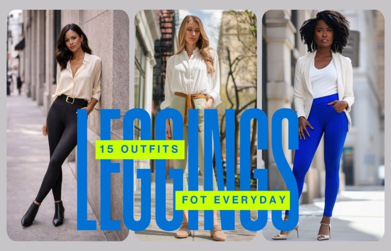 15 leggings outfit ideas for everyday city wear, featuring neutral and bold leggings styled with blouses and blazers