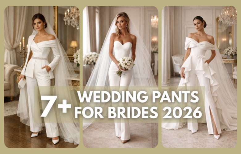 Collage of modern wedding pants outfits for bride featuring elegant bridal pantsuits and contemporary silhouettes