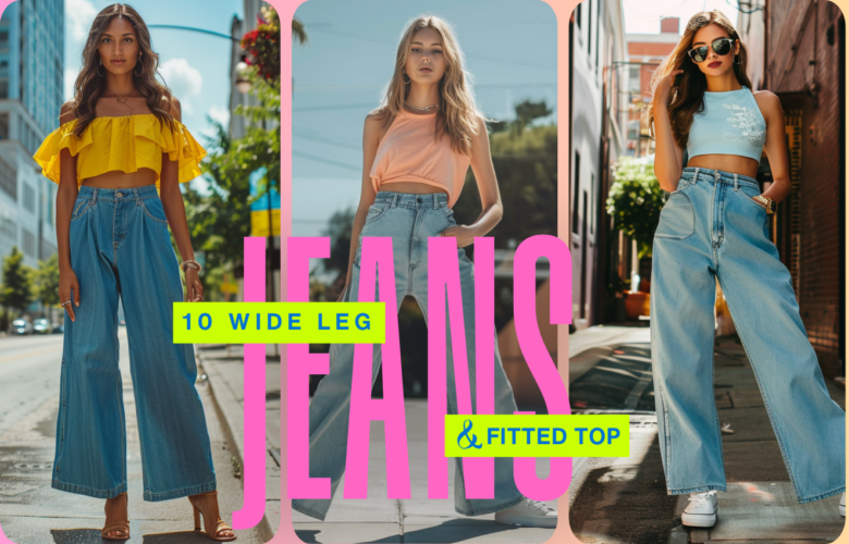 Collage of three summer outfits featuring wide leg jeans paired with fitted tops in yellow, peach, and blue tones, styled for modern casual city looks 2026.