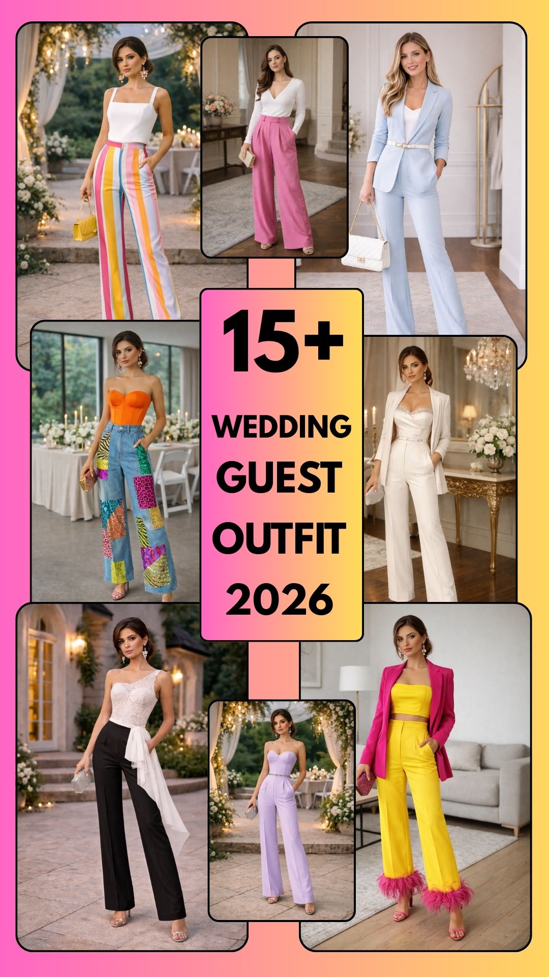 Wedding guest outfits with pants for 2026 featuring elegant suits, jumpsuits, and modern trousers