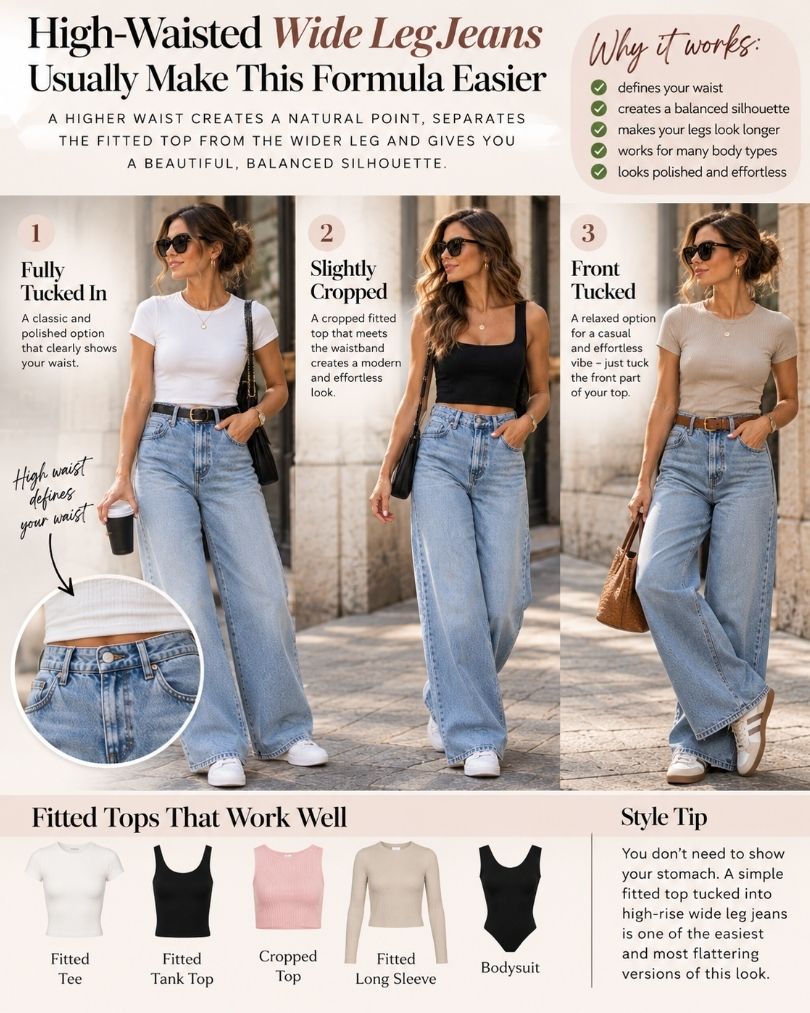 Infographic showing three ways to style high-waisted wide leg jeans with fitted tops: fully tucked, slightly cropped, and front tucked.