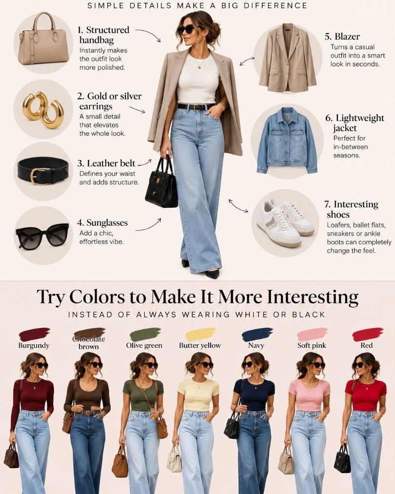Infographic showing accessories and fitted top colors that make wide leg jeans outfits look more polished, including handbags, belts, jewelry, blazers and shoes.