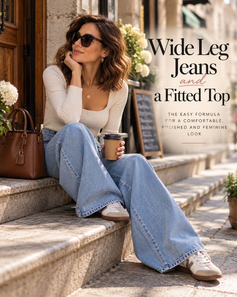 Woman wearing light wash wide leg jeans with a fitted ivory top, sneakers and brown handbag in a casual polished city outfit.