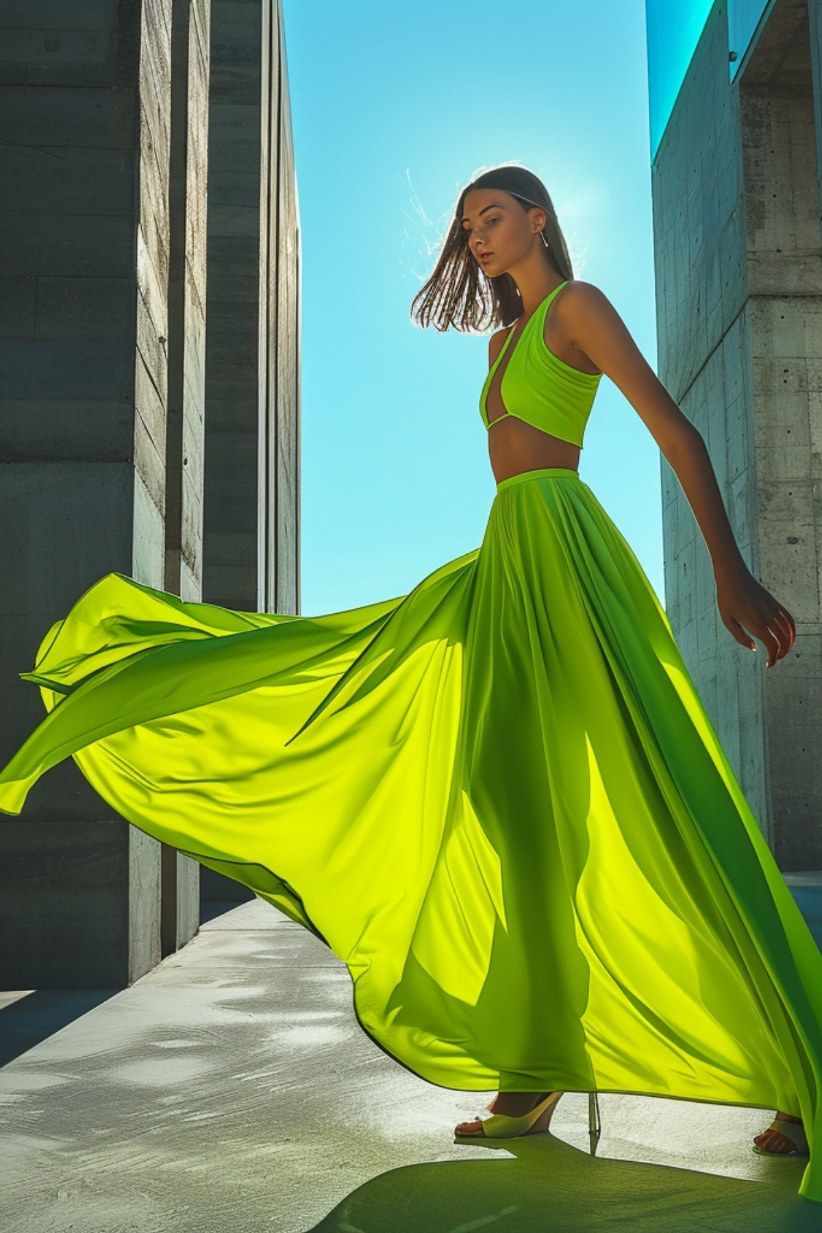 Woman wearing a neon green crop top and flowing maxi skirt walking between modern concrete buildings in bright sunlight.