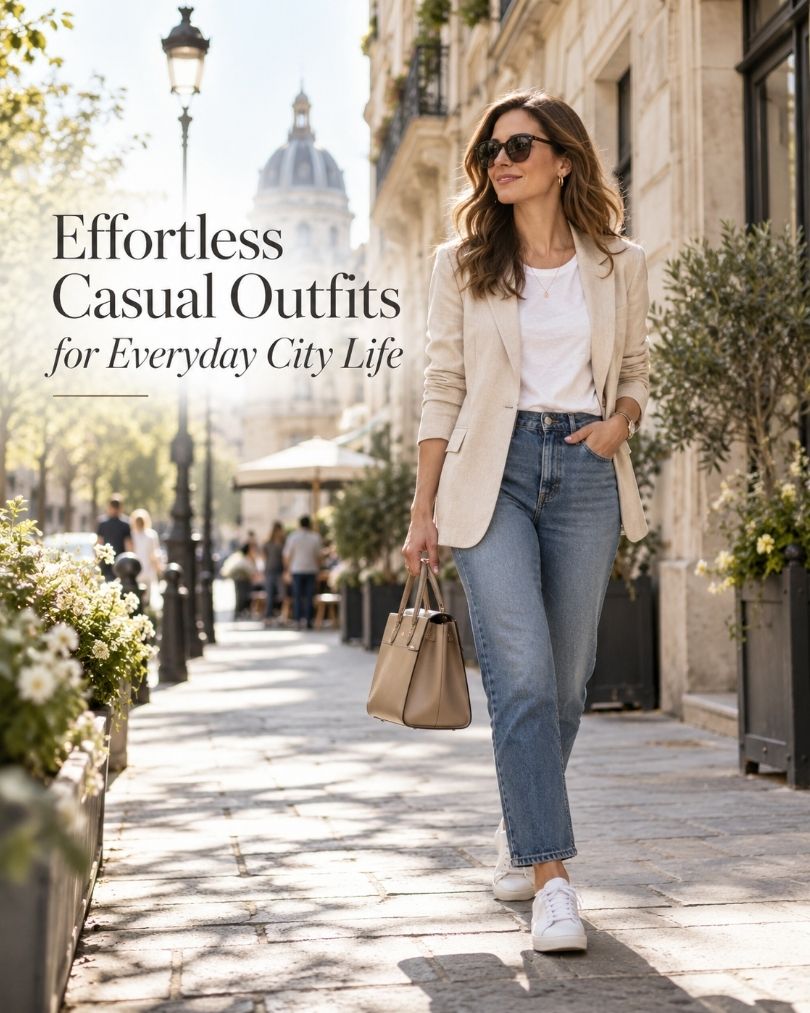 Woman wearing a beige blazer, white T-shirt, blue jeans and white sneakers while walking on a sunny city street with a structured handbag.