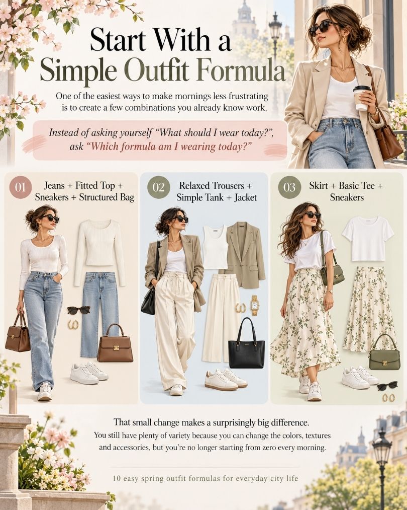 Spring fashion infographic showing three easy outfit formulas with jeans, relaxed trousers and a skirt, styled with simple tops, sneakers, jackets and structured handbags.