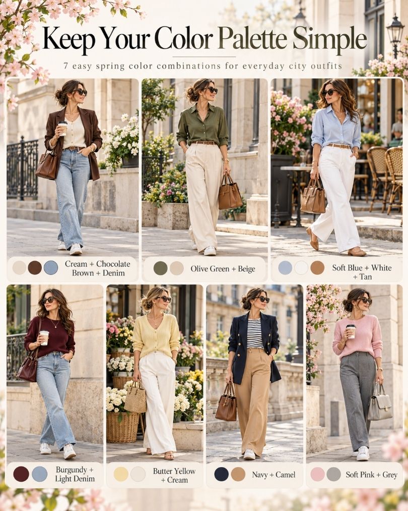 Fashion infographic showing seven spring 2026 color combinations for casual city outfits, including cream and chocolate brown, olive and beige, soft blue and tan, burgundy and denim, butter yellow and cream, navy and camel, and soft pink with grey.