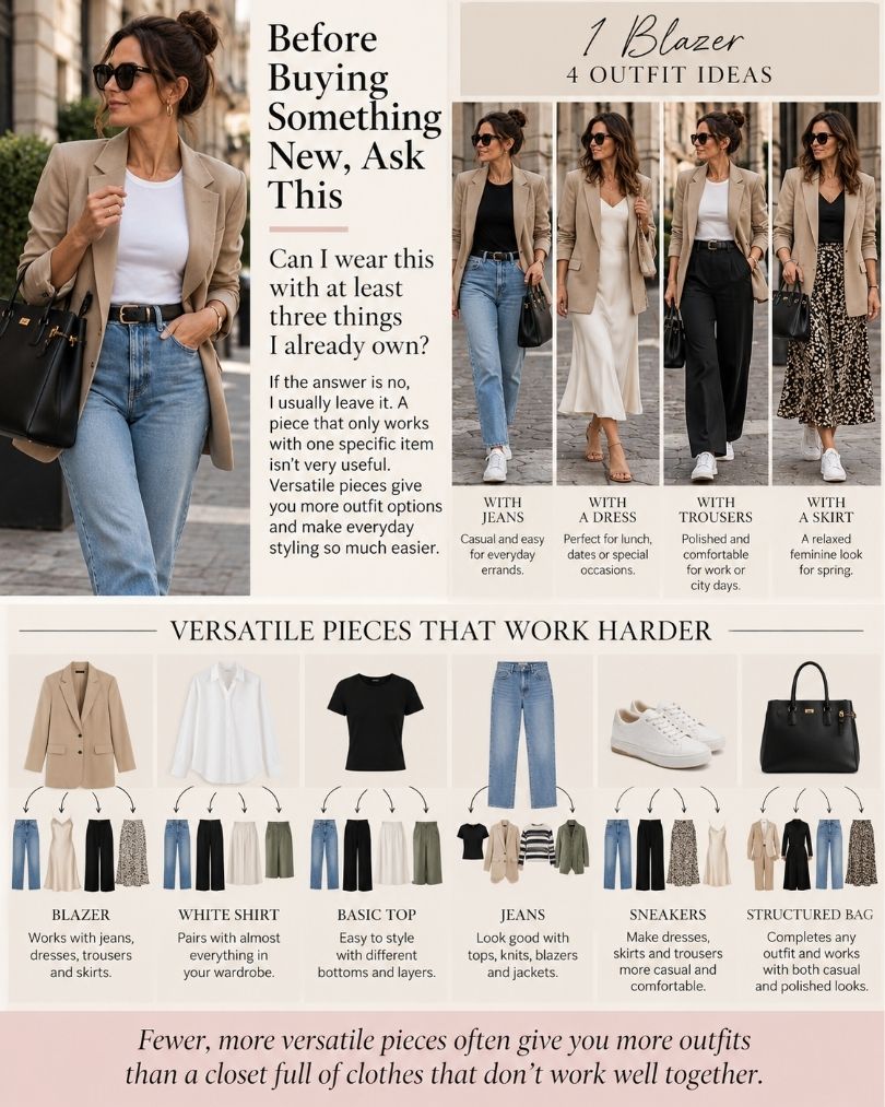 Fashion infographic showing how one beige blazer can be styled with jeans, a dress, trousers and a skirt, plus versatile wardrobe basics including a white shirt, black top, jeans, sneakers and a structured handbag.