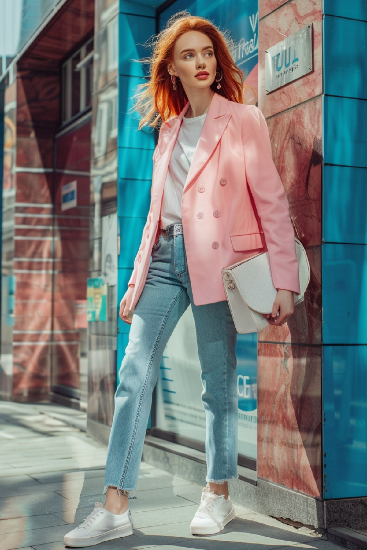 Elegant brunette woman wearing a pink oversized blazer, white t-shirt, straight light wash jeans and white sneakers, holding a structured clutch bag in a modern city setting.
