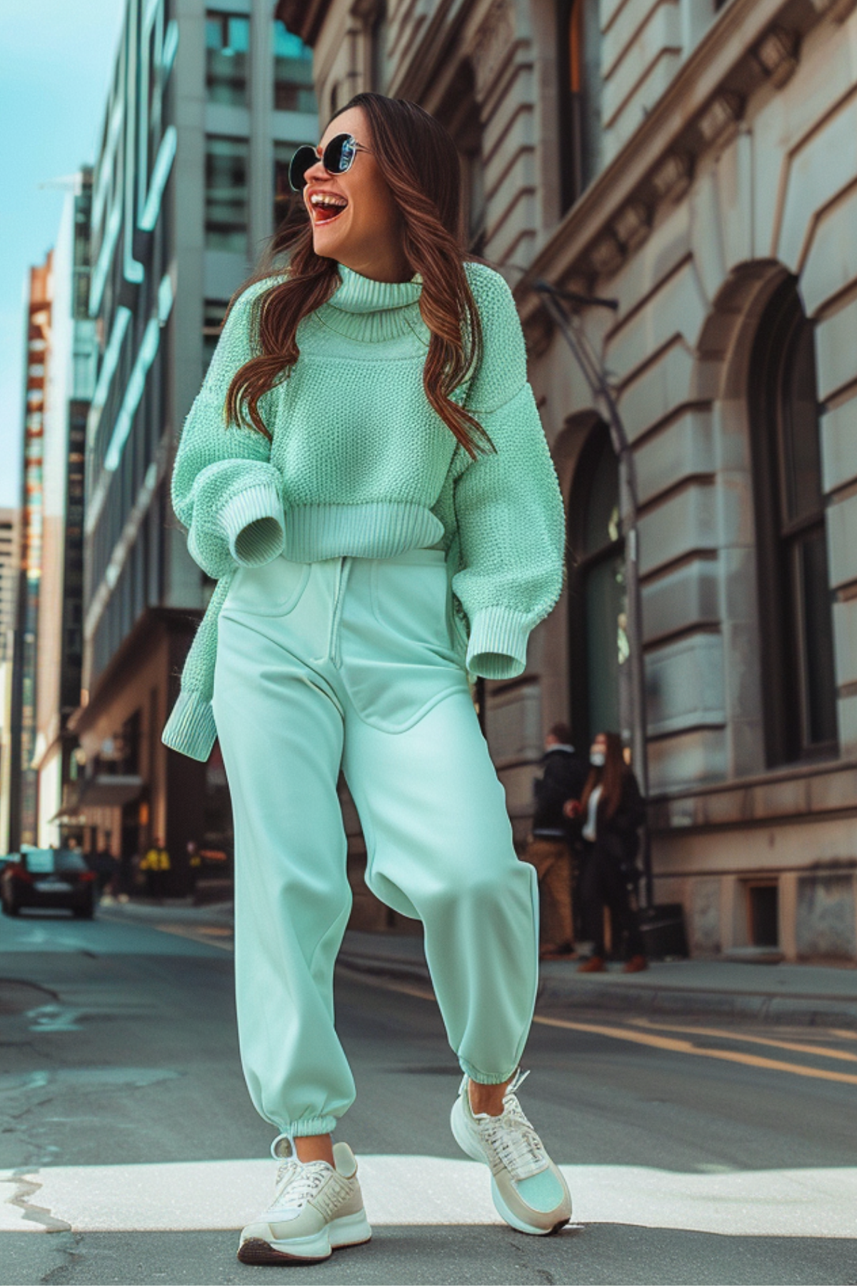 Woman wearing a mint green knit sweater and matching relaxed jogger trousers with white sneakers walking confidently in a modern city setting.