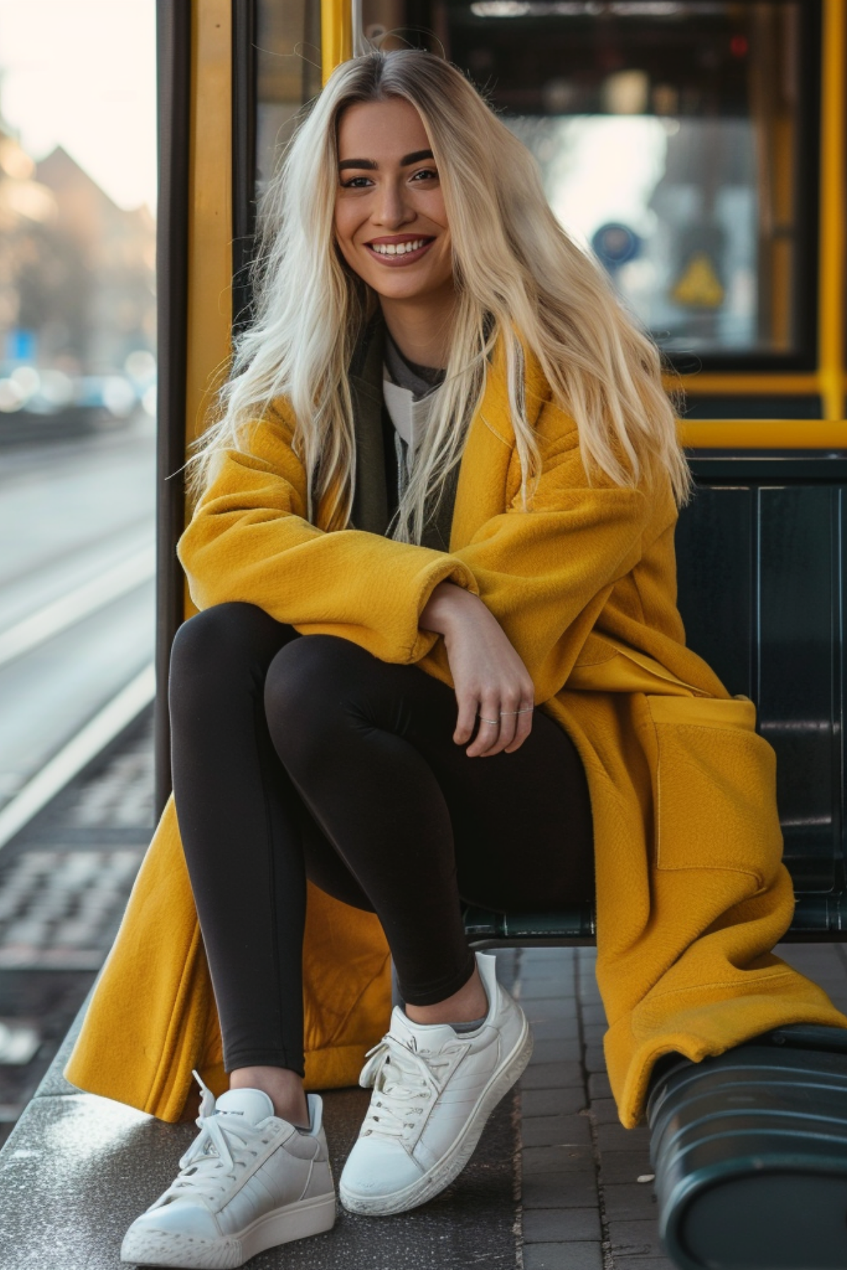 Blonde woman wearing a mustard long coat, black leggings, and white sneakers sitting at a city tram stop on a sunny day.