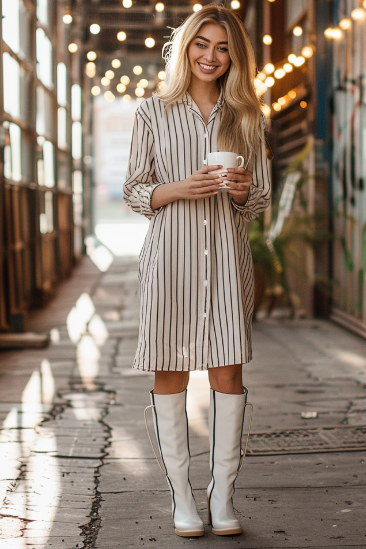 Blonde woman wearing a striped button down shirt dress with white knee high boots walking in a stylish urban setting with warm lights.