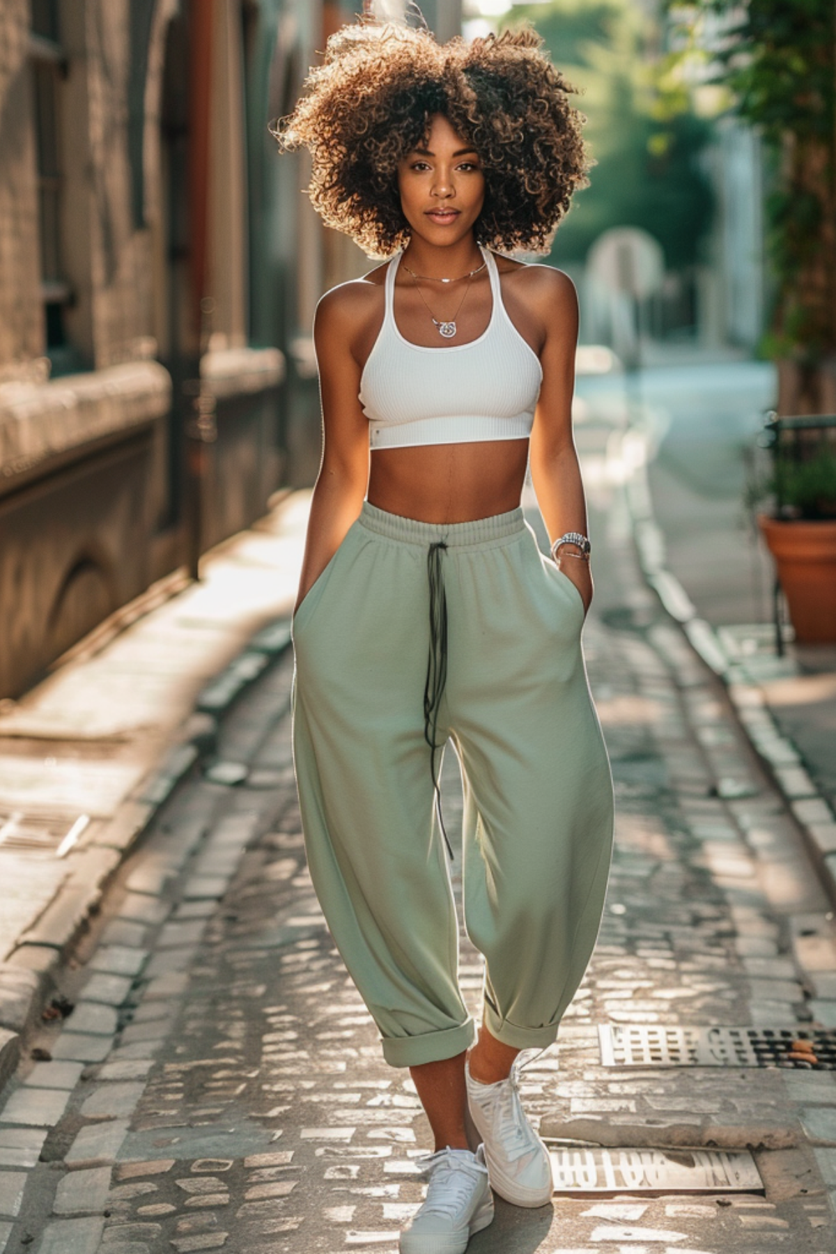 Stylish woman wearing relaxed sage green drawstring trousers, fitted white tank top, and white sneakers walking in a sunny city street.